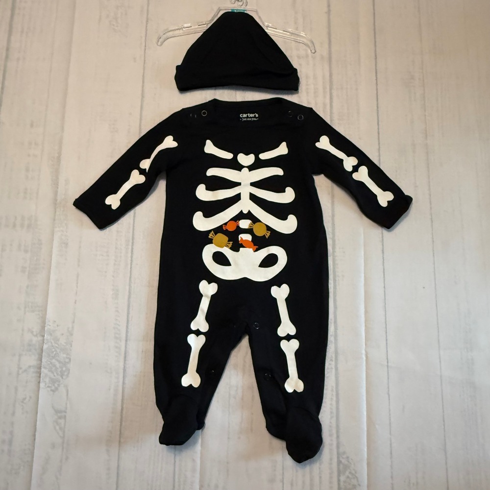Carters Just One You Baby 3M Skeleton Halloween Sleeper and Hat Set Black NWT